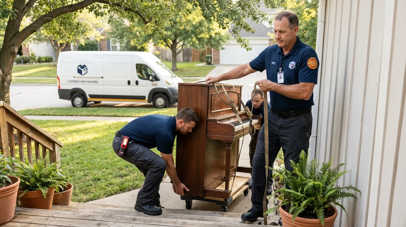 Licensed piano movers securing grand piano in Valmeyer, IL