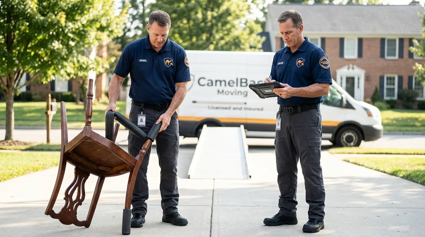 Movers inspecting furniture for damage prevention before loading in Valmeyer, IL