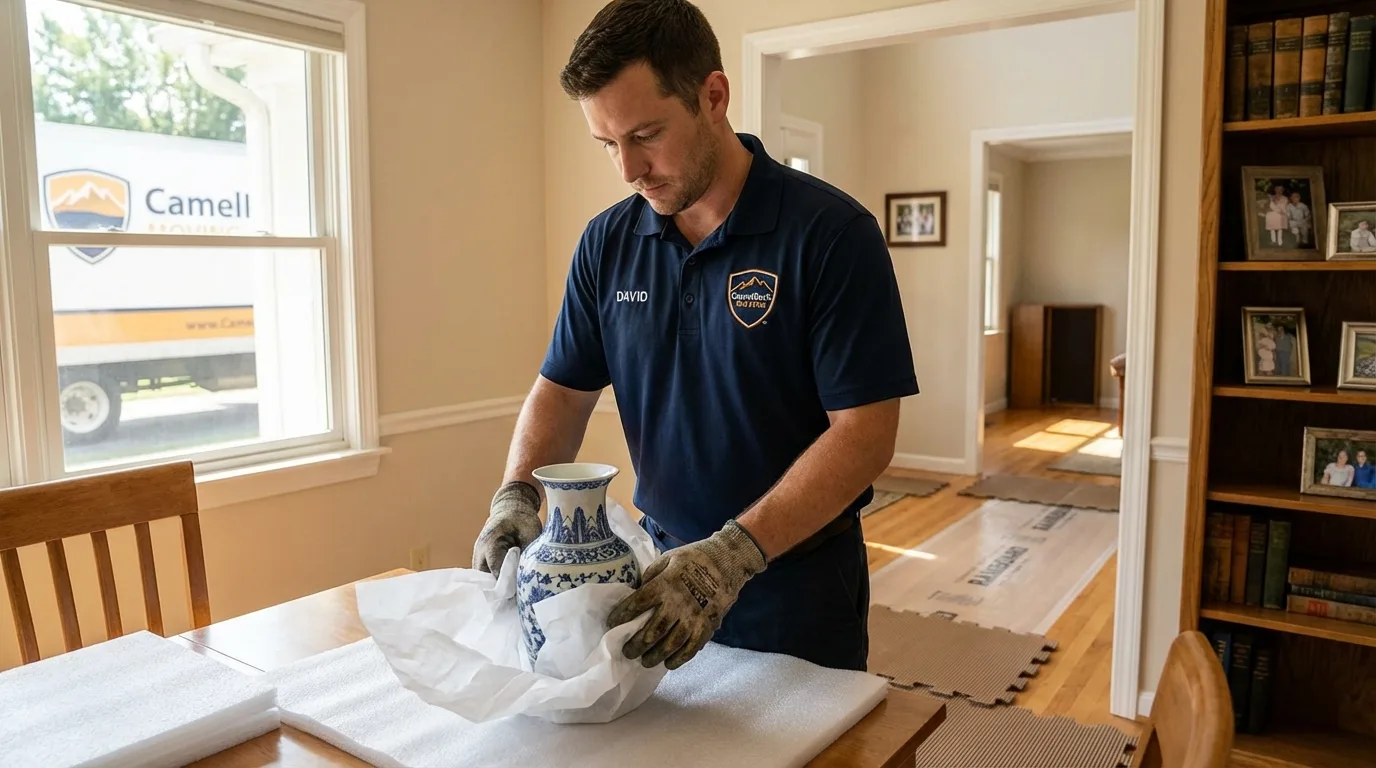 Professional crew carefully wrapping antique vase for senior downsizing move in Valmeyer, IL