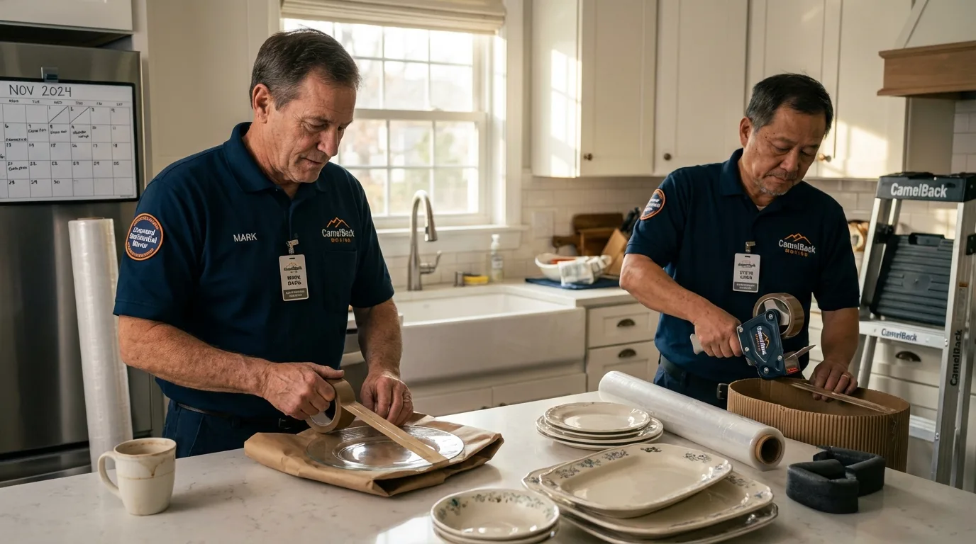 Professional crew packing kitchen dishware in Valmeyer, IL